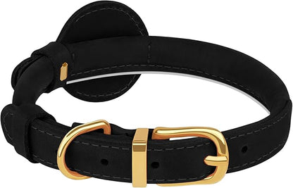 OOPSDOGGY Rolled Leather Dog Collar with Airtag Holder - Reflective Round Airtag Dog Collar - Soft Tracking Pet Collar for Small Dogs Puppy Cats Kitten (Black, XXL, 20"-24")