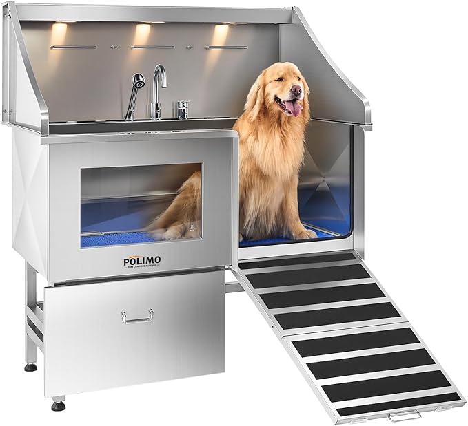 POLIMO Dog Washing Station, LED Professional Stainless Steel Dog Bathing Station 50", Dog Grooming Tub for Large, Medium &amp; Small Dog - with Window, Ramp, Drawer, Floor Grate &amp; Faucet (Right RAMP, 50")