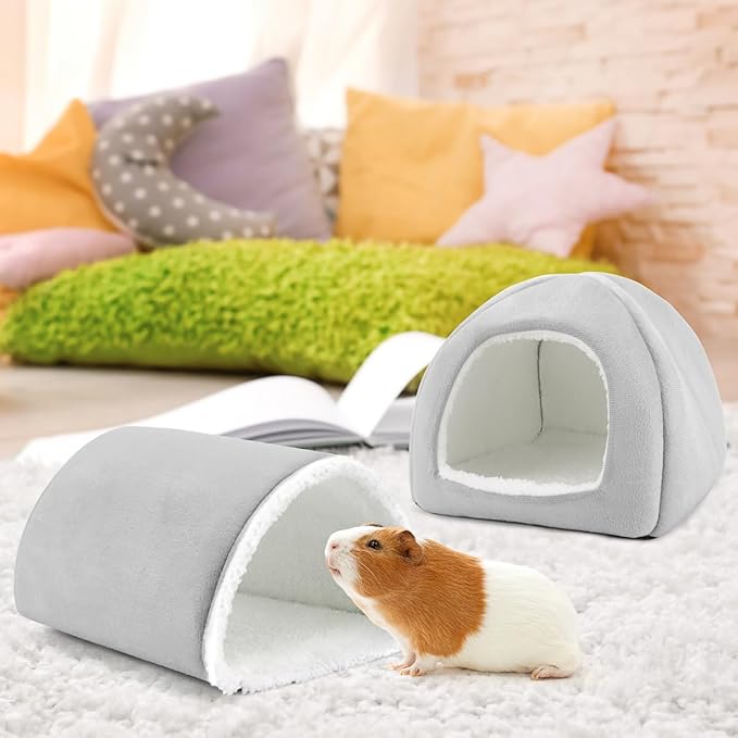 Guinea Pig Hideout and Tunnel Set, Soft Plush Bed &amp; Play Tunnel for Guinea Pigs, Rabbits, Ferrets, Small Animals - Washable Accessories for Resting, Hiding, Exercising