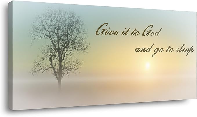 Lasdel Canvas Wall Art of Misty Sunset &amp; Tree Plant Picture For Bedroom Home Above Bed, White Country Wood Sign For Bathroom, Give It To God &amp; Go to Sleep Artwork Decor, Inner Frame 20x40 Inches
