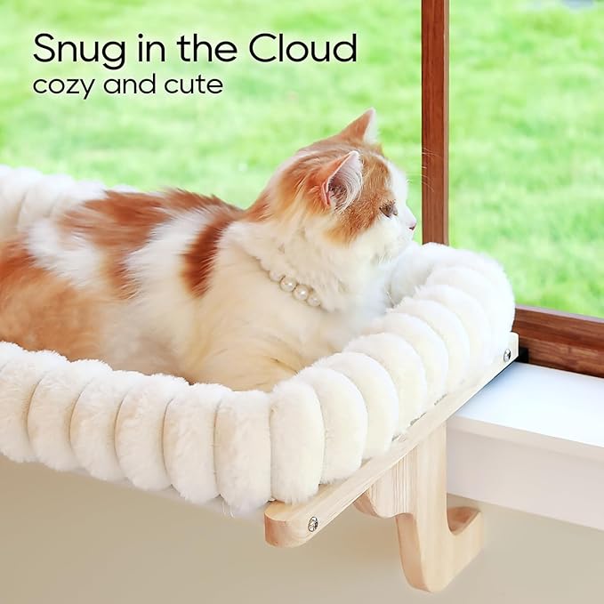 SnugCloud Cat Window Perch with 4-Sided Bolster - Orthopedic Cat Hammock for Window Sill - Solid Hardwood &amp; Metal Frame - Window Seat for Pets (Natural Color Wood w/White Bed, Large)