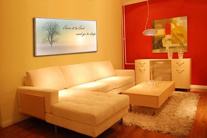 Lasdel Natural Extra Framed Canvas Wall Art of Misty Sunset &amp; Tree Plant Picture For Bedroom Home Above Bed,White Country Wood Sign For Bathroom,Give It To God &amp; Go to Sleep Artwork Decor,30x60