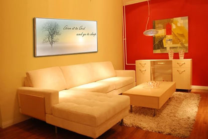 Lasdel Natural Extra Framed Canvas Wall Art of Misty Sunset &amp; Tree Plant Picture For Bedroom Home Above Bed,White Country Wood Sign For Bathroom,Give It To God &amp; Go to Sleep Artwork Decor,30x60