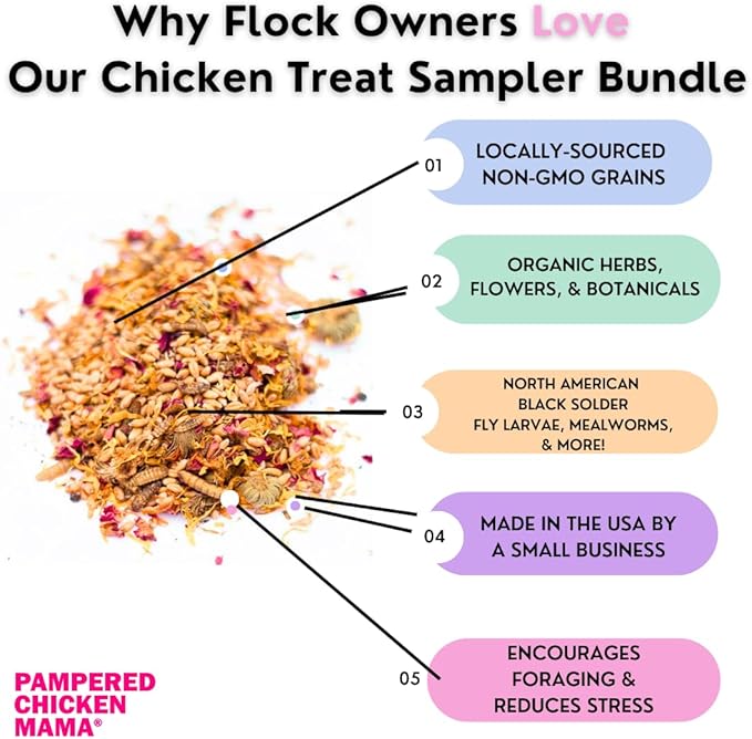 Pampered Chicken Mama Chicken Treat for Hens 8 Pounds Sampler Bundle: 8 Different Treats in One Box! - Grubs, Dried Mealworms, Cracked Corn, Oyster Shell, &amp; Duck Feed