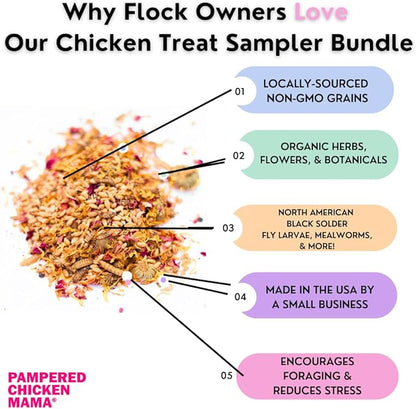 Pampered Chicken Mama Chicken Treat for Hens 8 Pounds Sampler Bundle: 8 Different Treats in One Box! - Grubs, Dried Mealworms, Cracked Corn, Oyster Shell, &amp; Duck Feed