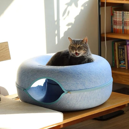 CATTASAURUS Peekaboo Cat Cave for Multiple &amp; Large Cats Up to 30-45 Lbs, Scratch Detachable &amp; Washable Tunnel Bed, Comfy Donut Cat Cave (Blue, Large)