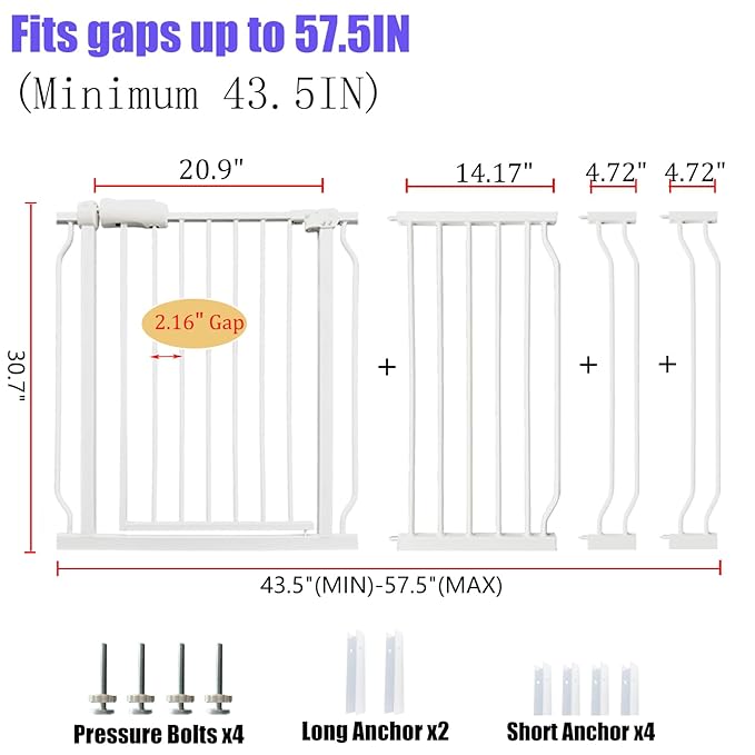 Extra Wide Baby Gate 53-57.5 Inch, Tension Mounted No Drilling, Auto Close Indoor Safety Gate for Stairs &amp; Doorways - Metal Design for Kids and Pets, White