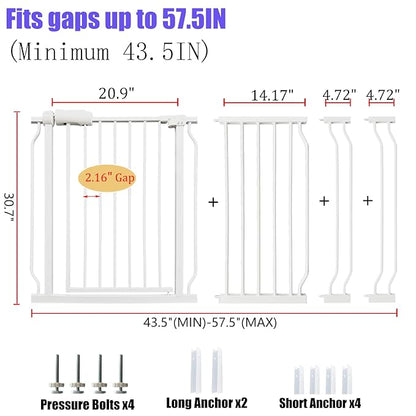Extra Wide Baby Gate 53-57.5 Inch, Tension Mounted No Drilling, Auto Close Indoor Safety Gate for Stairs &amp; Doorways - Metal Design for Kids and Pets, White