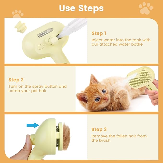 3 in 1 Cat Steam Brush, Pet Spray Hair Removal Comb for Shedding &amp; Grooming, Water Brush for Cats Dogs Small Animals Long Short Haired with One-Click Release Button(Yellow)