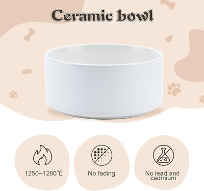 SPUNKYJUNKY Raised Ceramic Dog Bowls Set with Non-Slip Acacia Wood Stand for Medium Sized Dog(42.27 OZ, White)