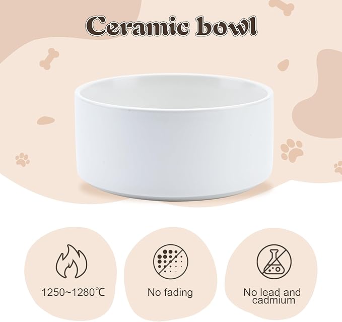 SPUNKYJUNKY Acacia Wood Stand Dog Bowl Set Raised, Ceramic Dog Food &amp; Water Bowl for Medium Dogs (28.74 OZ, White)