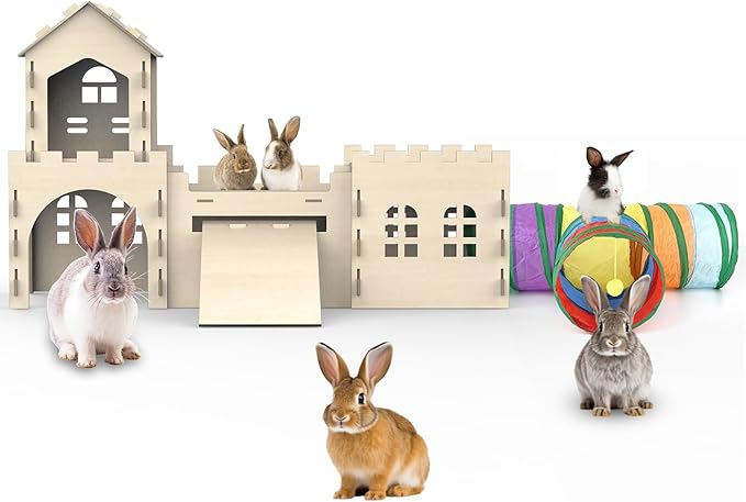 Large Bunny House and Hideouts, Wooden Dual-Layer Rabbit Castle with Stair, Rubber Band-Free Setup - Chew-Proof, Sturdy Habitat for Guinea Pig Chinchilla Ferret (Rabbit House with Tunnels &amp; Tubes)