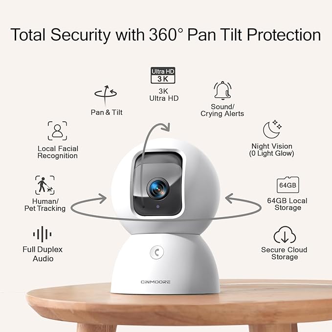 3K Pet/Dog Camera Indoor w/Phone App, No Monthly Fee 64GB Local Storage &amp; AI Tracking Face ID, 2.4/5GHz WiFi Cameras for Home Security Baby Monitor, Pan/Tilt, 2-Way Talk