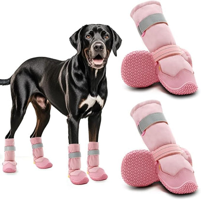 Hcpet Dog Shoes, Dog Boots &amp; Paw Protectors for Winter Snowy Days, Rainy Weather, Outdoor Anti-Slip Sole Dog Booties for Hardwood Floor Pink-Leg 8