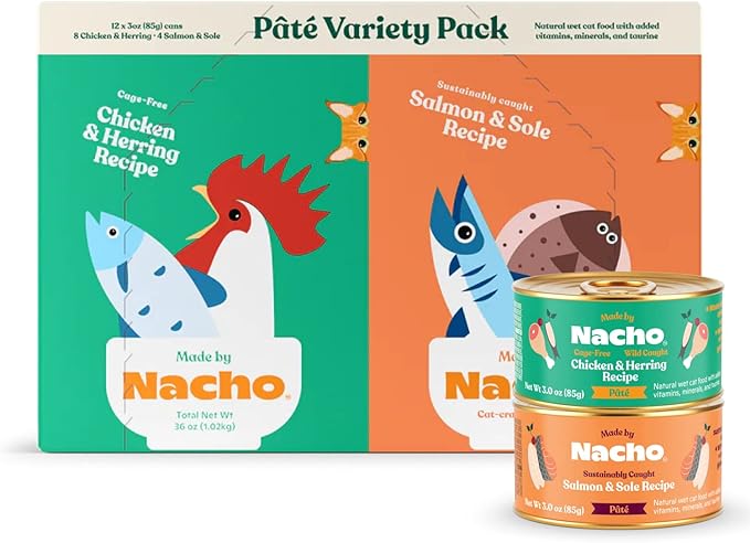 Made by Nacho Pate Wet Cat Food Variety Pack, Chicken &amp; Herring and Salmon &amp; Sole, 3 Ounce Cans, Grain-Free Canned Pet Food, Bone Broth Infused for Hydration, 12 Pack