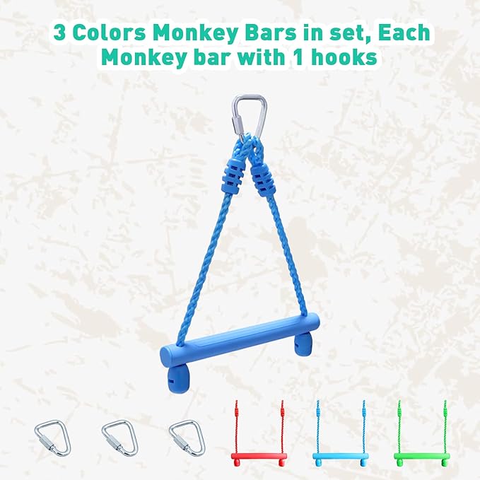 Rainbow Craft 3-Pack Kids Ninja Monkey Bars - Trapeze Swing Bars for Ninja Obstacle Course Attachments - 3pc of Blue, Red &amp; Green Color