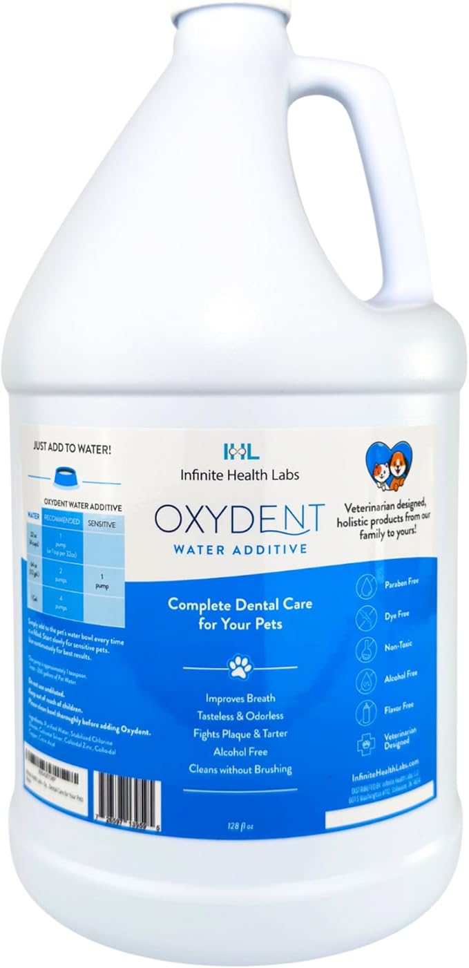 Oxydent Premium Pet Dental Care Solution - Pet Water Additive &amp; Mouthwash for Teeth Cleaning - Eliminate Bad Dog &amp; Cat Bad Breath - Dog Dental Rinse - Fights Tartar &amp; Plaque - 1 Gallon