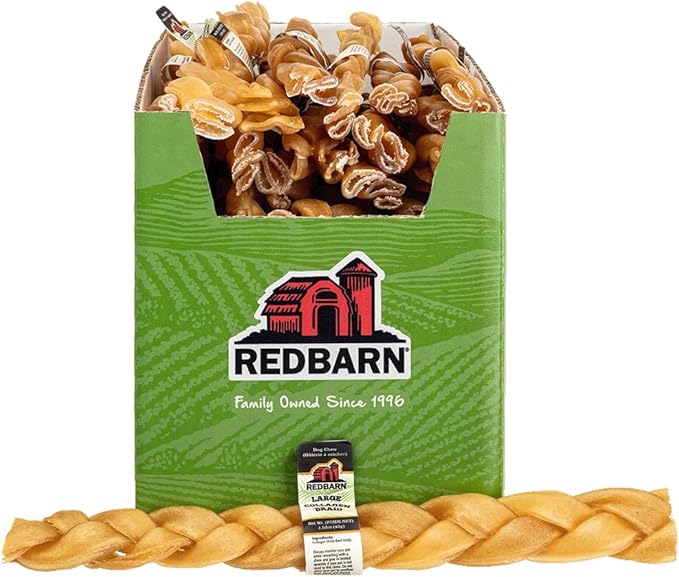 Redbarn Pet Products Recbarn Natural 12" Beef Collagen Braids - Case of 20 Sticks - Long Lasting Low-Odor Alternative to Rawhide &amp; Bully Sticks -Single Ingredient Chew for Medium Large Dogs