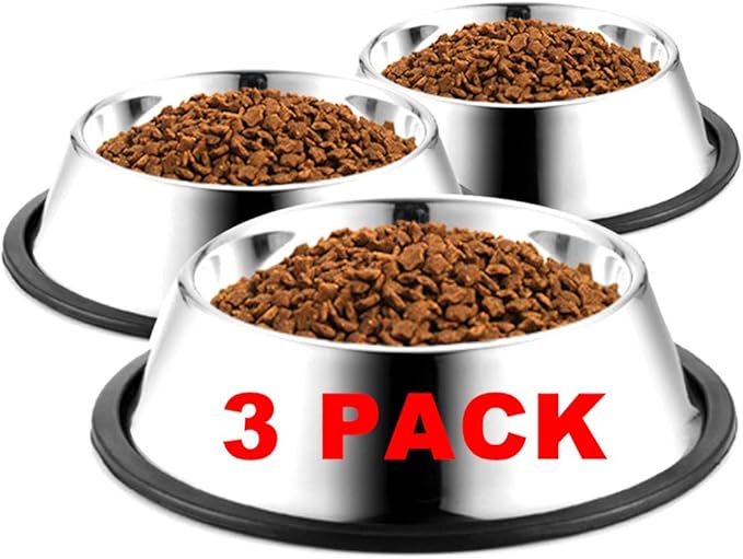 Stainless Steel Dog Bowls, 2.2 Cup/18oz Cat Bowl Water and Food with Rubber Base, Pet Bowls for Medium Dogs, Cats and Rabbit, 3Pack