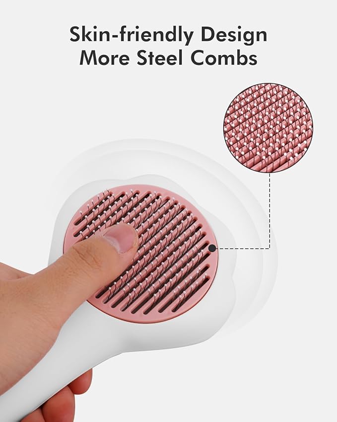Cat Brush with Release Button Self-Cleaning and Skin-Friendly Grooming and Shedding Tool for Long and Short Haired Cats &amp; Dogs, 140° Comb Teeth, Removes Loose Undercoats and Promotes Healthy Fur