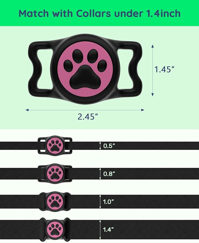 IP68 Waterpoof Dog Air tag Holder, Stretchy Silicone Full Body Covered Apple Air Tag Holder for Dog Cat Collar Fit All Width Collar (Black &amp; Rose, 1 Pack)