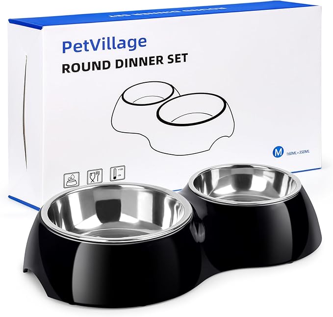 Double Dog Bowls Set – Non-Slip Pet Food &amp; Water Dishes with Resin Stand, Includes Small (1 Cup) &amp; Medium (2 Cups) Bowls – Ideal for Puppies, Cats, and Medium Dogs –Black