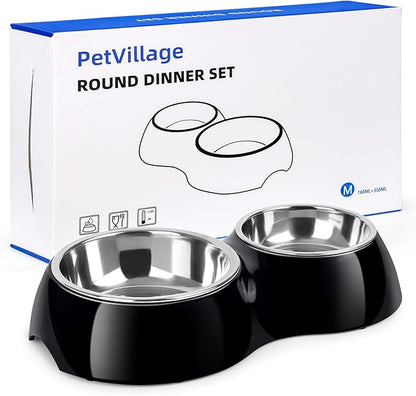 Double Dog Bowls Set – Non-Slip Pet Food &amp; Water Dishes with Resin Stand, Includes Small (1 Cup) &amp; Medium (2 Cups) Bowls – Ideal for Puppies, Cats, and Medium Dogs –Black