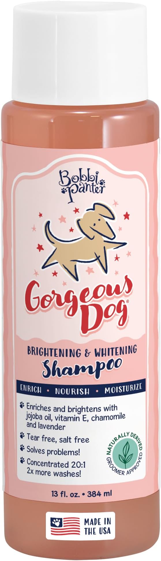 Bobbi Panter Dog Shampoo - Made in USA - All Natural Formula for Whitening All Coats, Enhances Shine &amp; Moiturizes - Concentrated 20:1 for Professional Groomers - Peach Scent, 13 Oz