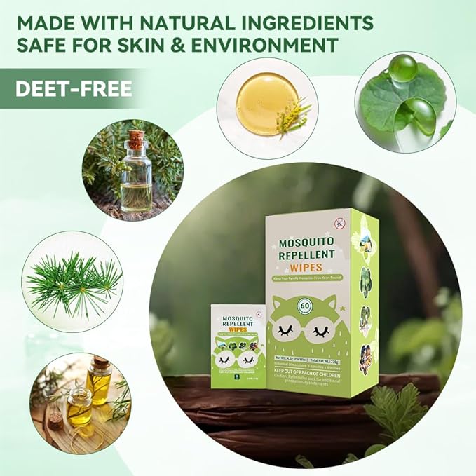 60 PCS Mosquito Repellent Wipes, Individually Wrapped Insect Repellent Wipes Made of Natural Plant-Based Essential Oils, Safe &amp; Effective Insect Protection Perfect for Outdoor Activities, Long-Lasting