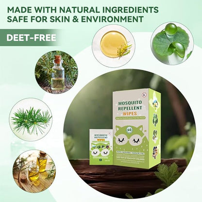 60 PCS Mosquito Repellent Wipes, Individually Wrapped Insect Repellent Wipes Made of Natural Plant-Based Essential Oils, Safe &amp; Effective Insect Protection Perfect for Outdoor Activities, Long-Lasting