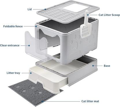 Cat Litter Box with Litter Mat and Scoop, Large Foldable Litter Box with Lid, Front Entry Top Exit Kitty Box, Odor Control, Easy to Clean (Grey)