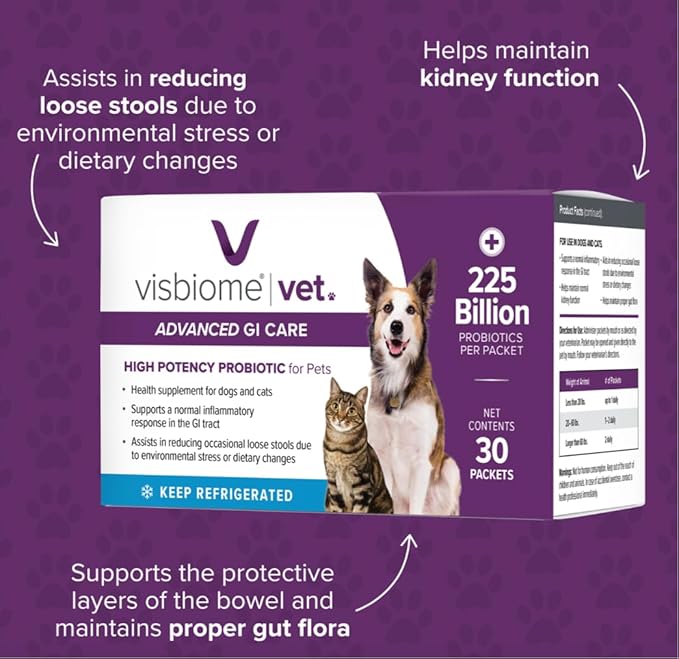 Visbiome® Vet Advanced GI Care Probiotic for Dogs &amp; Cats – 225B CFU, 8-Strain Formula – Veterinarian Recommended, Clean Label Certified – 60 Packets