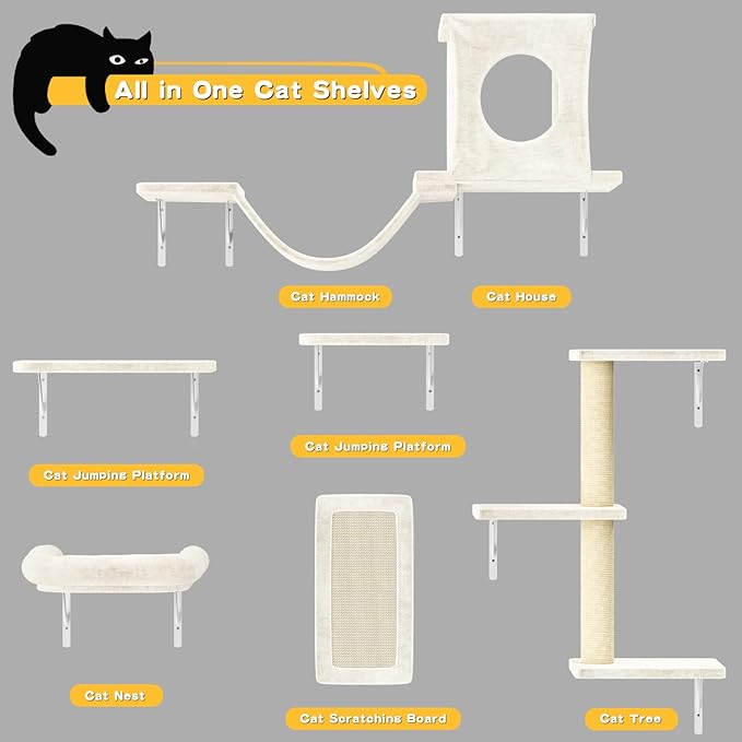 NUNU LAB Wall Mounted Cat Furniture, 6 Pcs Cat Wall Shelves with Condo House, Bridge, Steps, Scratcher, Hammock, Indoor Safe &amp; Stable Furniture for Kittens Play, Beige