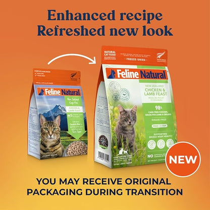 Feline Natural High Protein Dry Cat Food, Freeze-Dried Diet with 98% Meat, Organs &amp; Seafood, No Peas, Grains, or Artificial Additives, Made in New Zealand, Chicken &amp; Lamb, 11oz