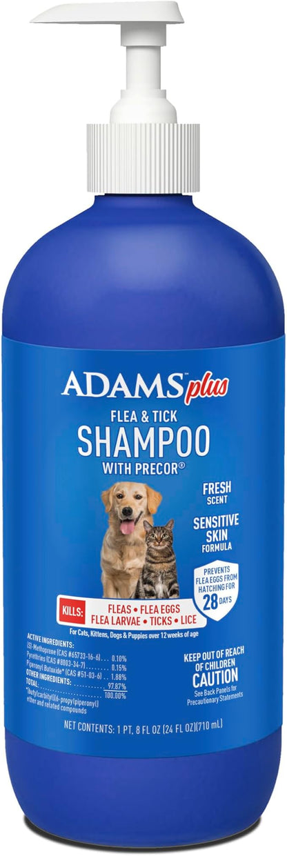 Adams Plus Flea &amp; Tick Shampoo with Precor for Cats, Kittens, Dogs &amp; Puppies Over 12 Weeks Of Age |Sensitive Skin Flea Treatment |Kills Adult Fleas, Flea Eggs, Ticks, and Lice |24 Oz, Pump Included