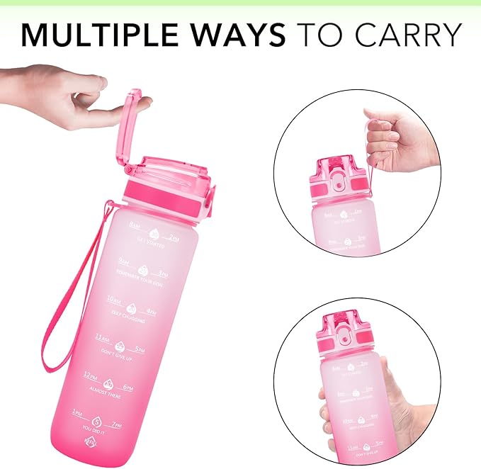 32oz Motivational Water Bottles with Time Marker &amp; Fruit Strainer, Transparent Gradient Color Water Bottle with Times to Drink, Leakproof &amp; BPA Free, Reusable Bottle with Strap (No Straw)