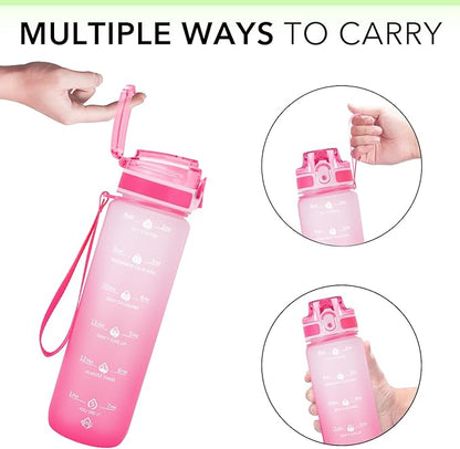32oz Motivational Water Bottles with Time Marker &amp; Fruit Strainer, Transparent Gradient Color Water Bottle with Times to Drink, Leakproof &amp; BPA Free, Reusable Bottle with Strap (No Straw)
