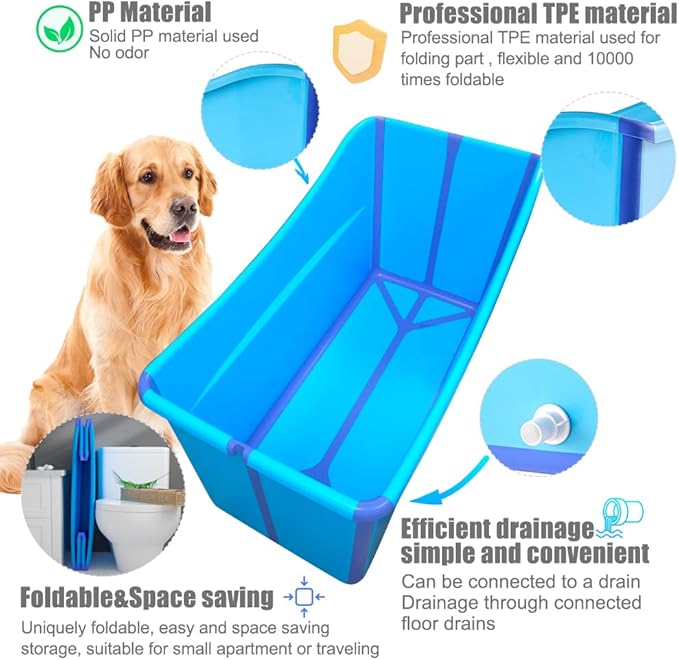 Portable Dog Bathtub for Large Dogs - 48.4Gal Foldable Pet Wash Station with Drain Plug, Insulated &amp; Non-Slip Design for Indoor/Outdoor Bathing, Grooming, Camping（Blue）