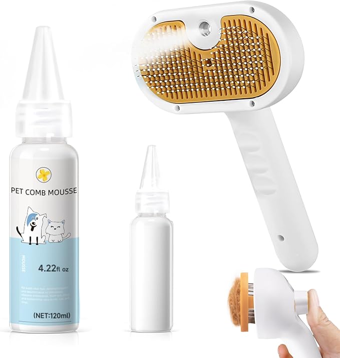 Pet Steam Brush for Dogs &amp; Cats with Shampoo – 3-in-1 Grooming Spray Comb, Mist Massage &amp; Defur Function, Water Spritz Deshedding Tool for Long/Short Hair, Indoor Pets (Puffease Cepillo de Vapor)