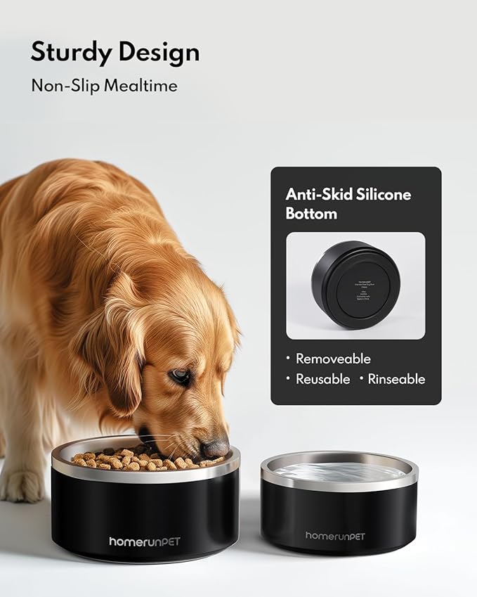 Homerunpet Double Wall Stainless Steel Dog Bowls, Non-Slip Base, Dishwasher Safe, Durable Pet Food &amp; Water Bowl for Dogs &amp; Cats(32oz, Black)