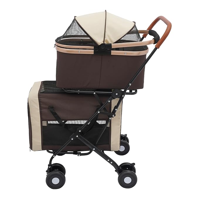 Foldable Pet Stroller for Small &amp; Medium Dogs, Double Dog &amp; Cat Stroller with 3-in-1 Travel System, Detachable Pet Carrier with Wheels for Cats and Dogs up to 77 lbs, Coffee Color