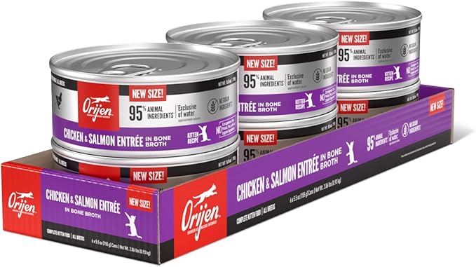 ORIJEN Premium Pate Wet Kitten Cat Food in Bone Broth Chicken &amp; Salmon Entrée 5.5oz Cans (6 Count)