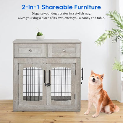 Dog Crate Furniture for Large Dogs, Wooden Dog Kennel Indoor with Double Doors, Dog Cage with Cushion &amp; Drawers, Dog House Side End Table for Large Medium Dogs up to 70 lb, 39.4” L, Grey