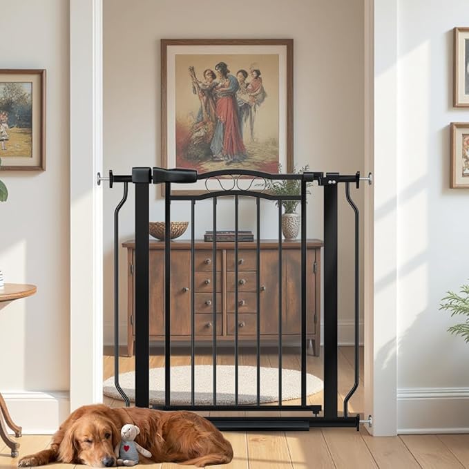 29.53"-33.85" Mornyray Auto-Close Baby Gate Extra Wide, Pressure Mounted Dog &amp; Pet Gate for Stairs Doorways, No Drill Safety Barrier with Lace Design, Metal Child Proof Gate Indoor Outdoor, Black