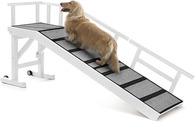 Dog Ramp for Bed or Couch, Wooden Pet Ramp with 20° Gentle Slope, Removable Side Rails, Non-Slip Surface, Top Platform &amp; Wheels, Safe Bed Ramp for Small, Medium &amp; Senior Dogs, 60" Long, White