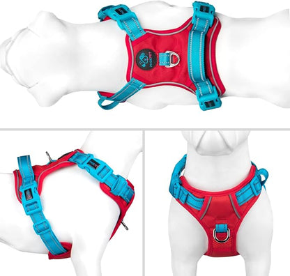 PHOEPET No Pull Dog Harness, Unique Colors Reflective Adjustable Dog Vest, with Soft Training Handle Metal Clips for Small Medium Large Dogs (Red Base &amp; Teal Straps,L)