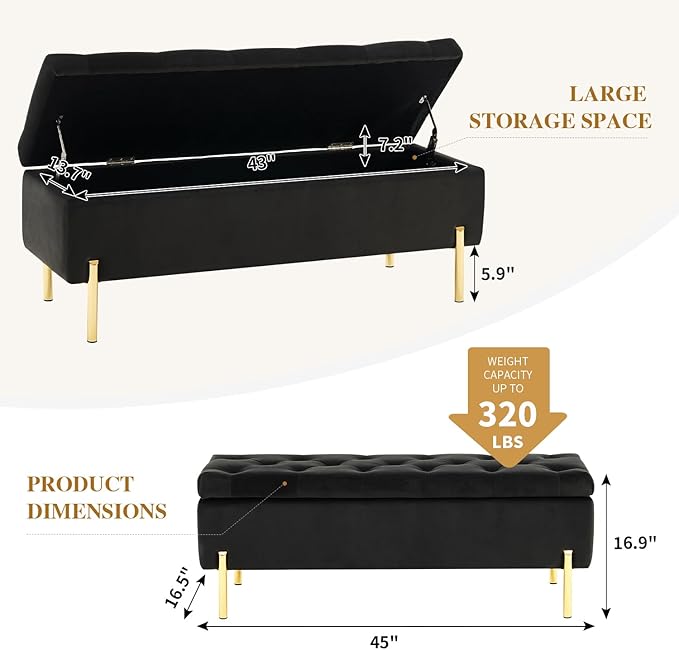 45.6 Inch Velvet Storage Ottoman, Rectangular Accent Bench for Bedroom &amp; Living Room, Black