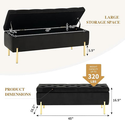 45.6 Inch Velvet Storage Ottoman, Rectangular Accent Bench for Bedroom &amp; Living Room, Black