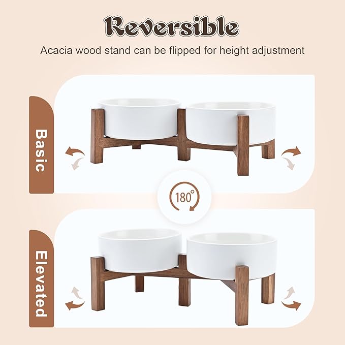 SPUNKYJUNKY Acacia Wood Stand Dog Bowl Set Raised, Ceramic Dog Food &amp; Water Bowl for Medium Dogs (28.74 OZ, White)