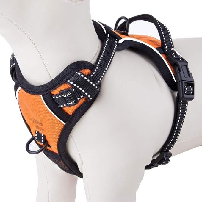 PHOEPET No Pull Dog Harness Medium Reflective Front Clip Puppy Vest with Handle,Adjustable 2 Metal Leash Attachment Hooks(M, Orange)